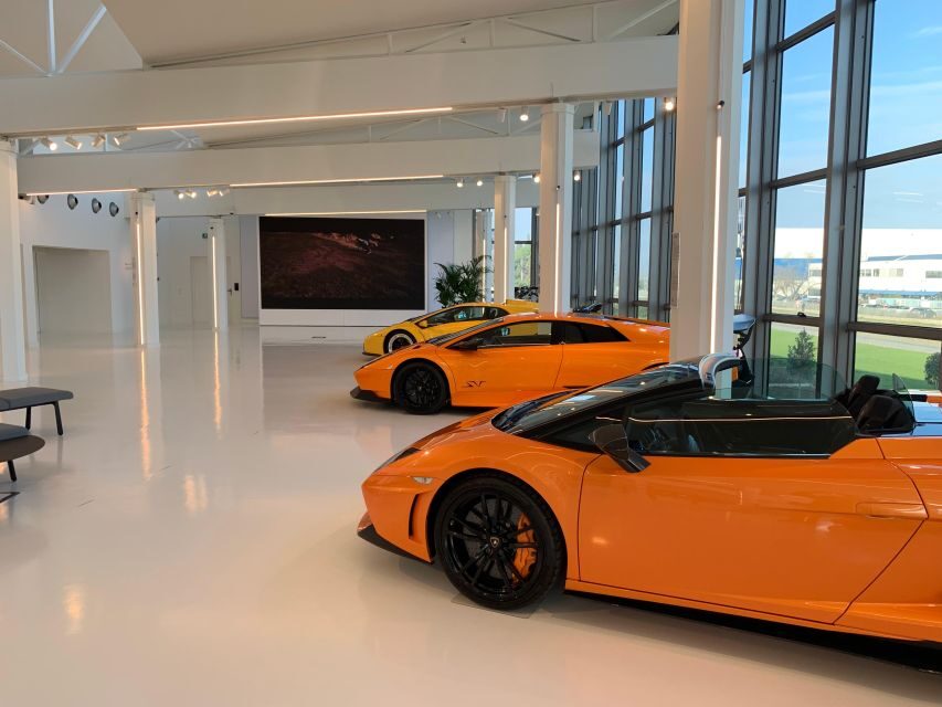 Ferrari Lamborghini Museums - Pagani Museum Factory - Lunch - Enzo Ferrari Museum in Modena: cars behind curved windows